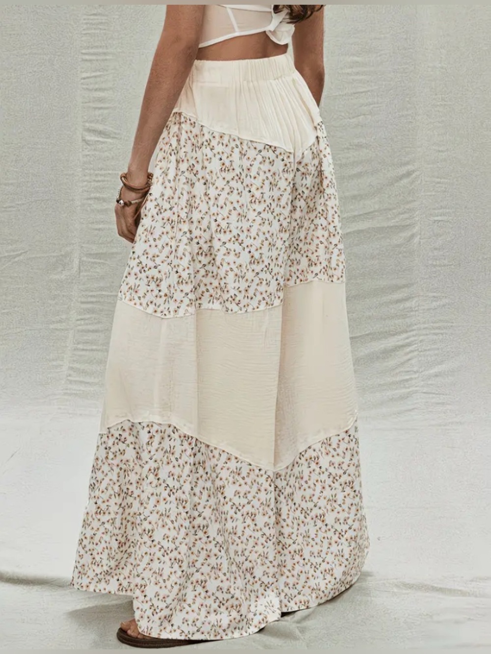 Floral & Cream Patchwork Wide-Leg Palazzo Pants - Picture 2 of 5